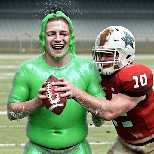 AI generated: two laughing rugged, sweaty, caucasian american football players in pads and helmets, throwing custa...