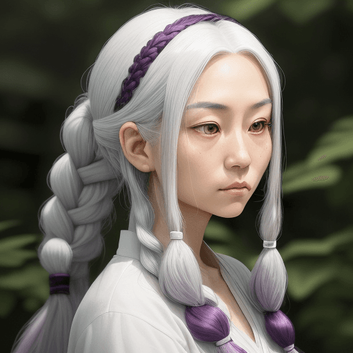 AI generated: A woman with long, deep purple hair in a side braid, complemented by simple white hair accessories. ...