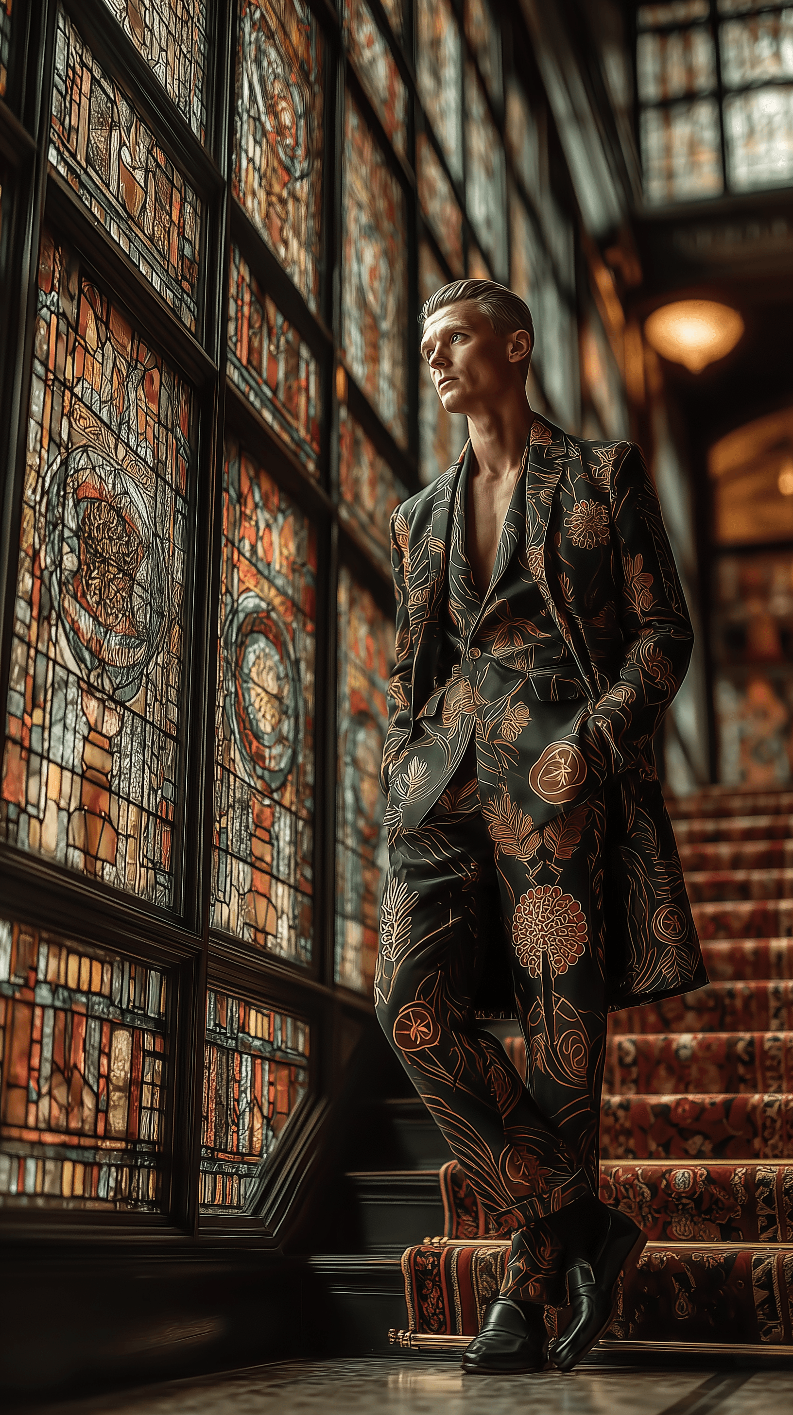 AI generated: fashion photography, professional male model, late 30s, full-body, art deco-inspired, wearing a art ...