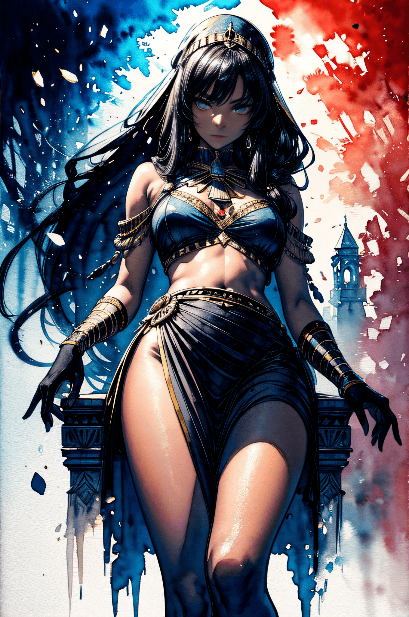 AI generated: 1 egyptian woman, (seductive), very long hair, , dark skin, closed mouth, looking at viewer, egyptia...
