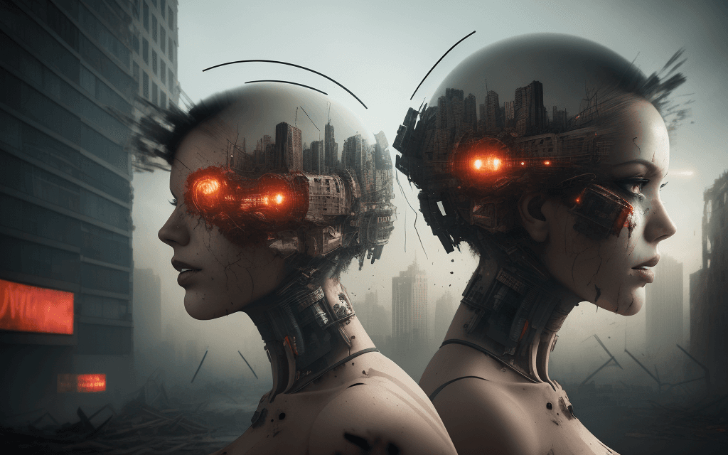 AI generated: Fascinating double exposure features a demolished city superimposed with a cyborg woman's head, and ...