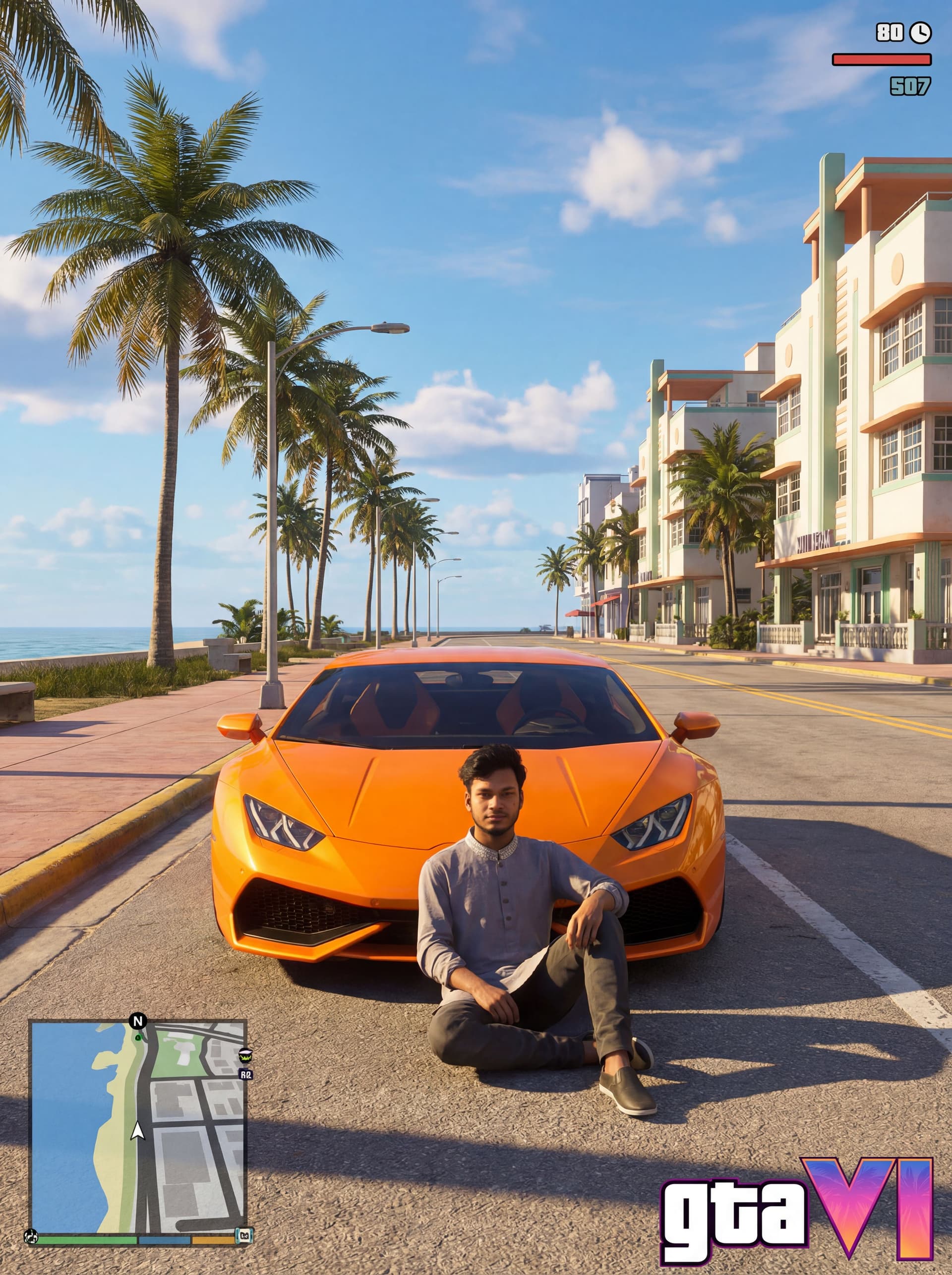 AI generated: she is sit front of a lamborghini. cinematic lights and shadows. day time , ocean blue sky. miami fl...