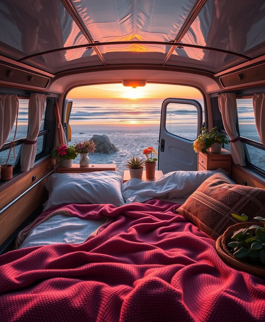 AI generated: inside a cozy campervan, comfy bed and warm blanket, plants, flowers, decoration, view from the back...