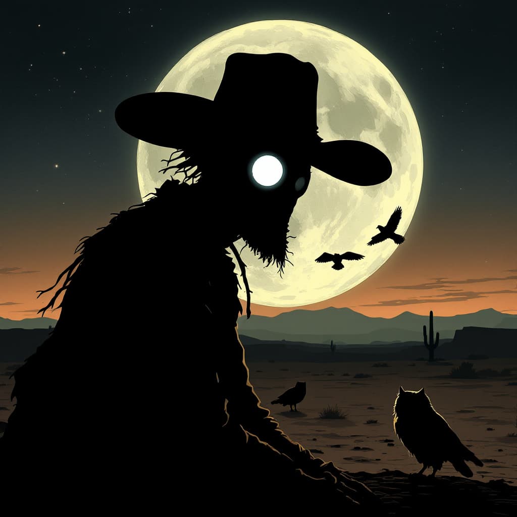AI generated: moondrop old lonesome cowboy, cartoon silhouette dark colors, left eye socket filled with beautiful ...