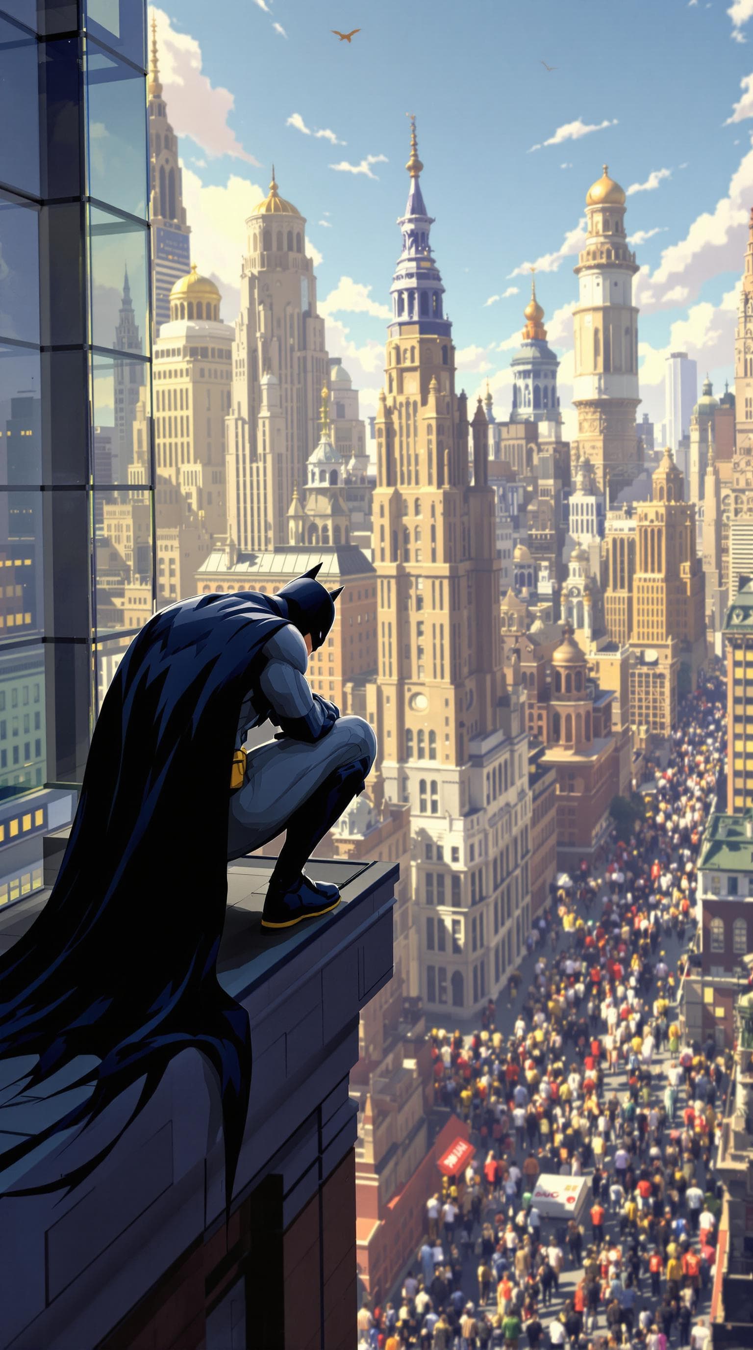 AI generated: A 3D cartoon Batman crouched on the edge of a building in Gotham city looking down on the crowds
