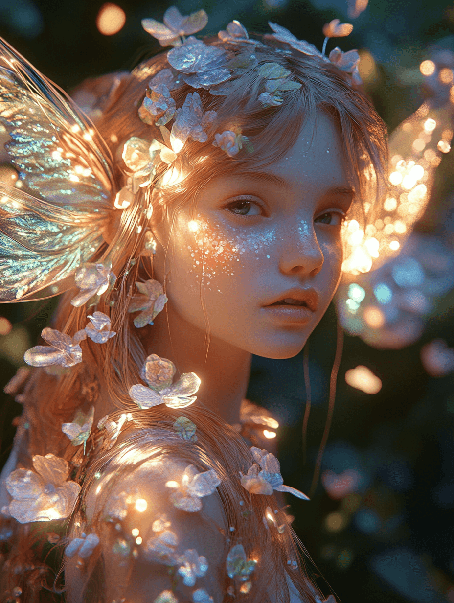 AI generated: A radiant fairy-like girl with delicate and innocent facial features, soft pastel-colored hair glowi...