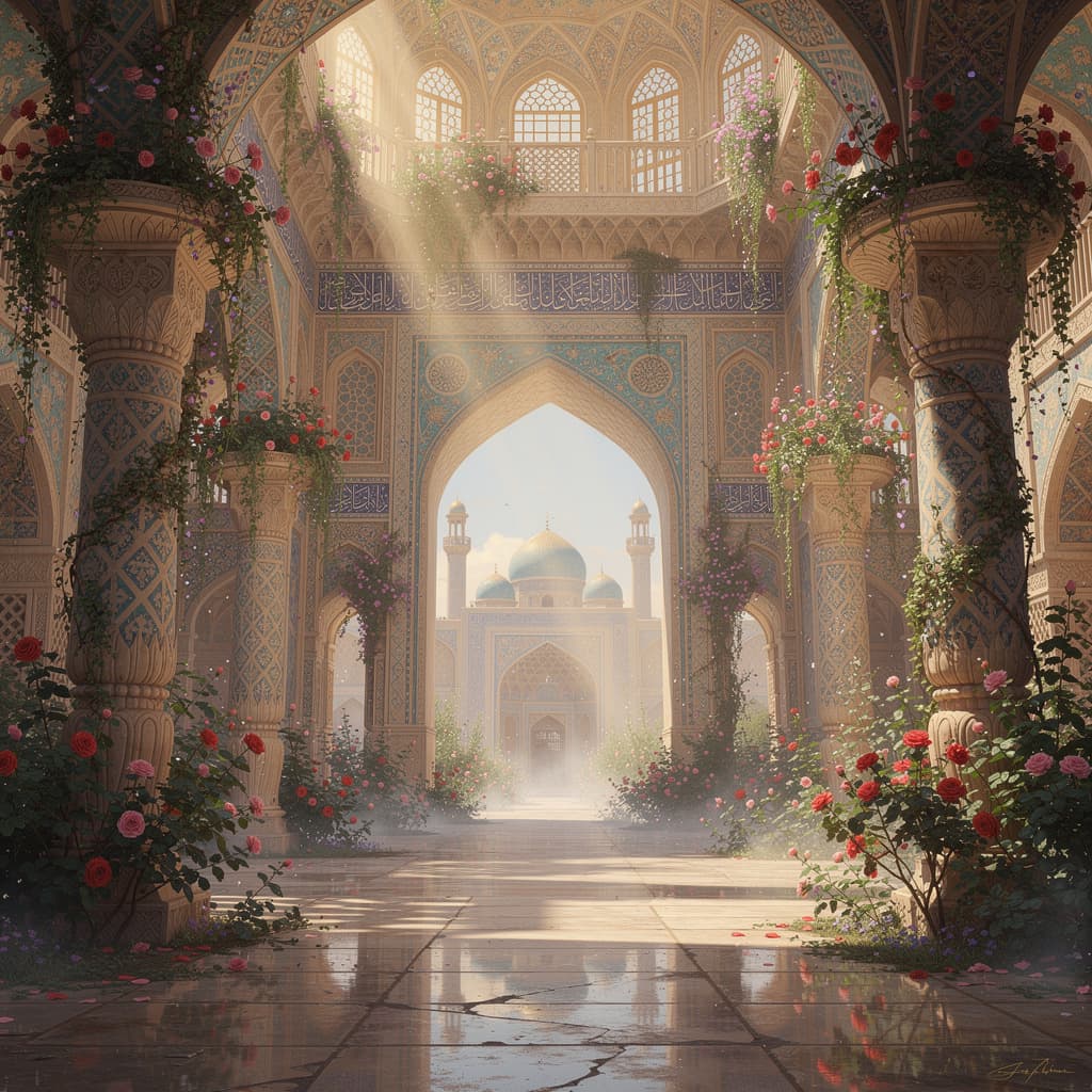 AI generated: Persian architecture, temple volume atrium light full of rose, hanging gardens, vibrant flowers, arc...