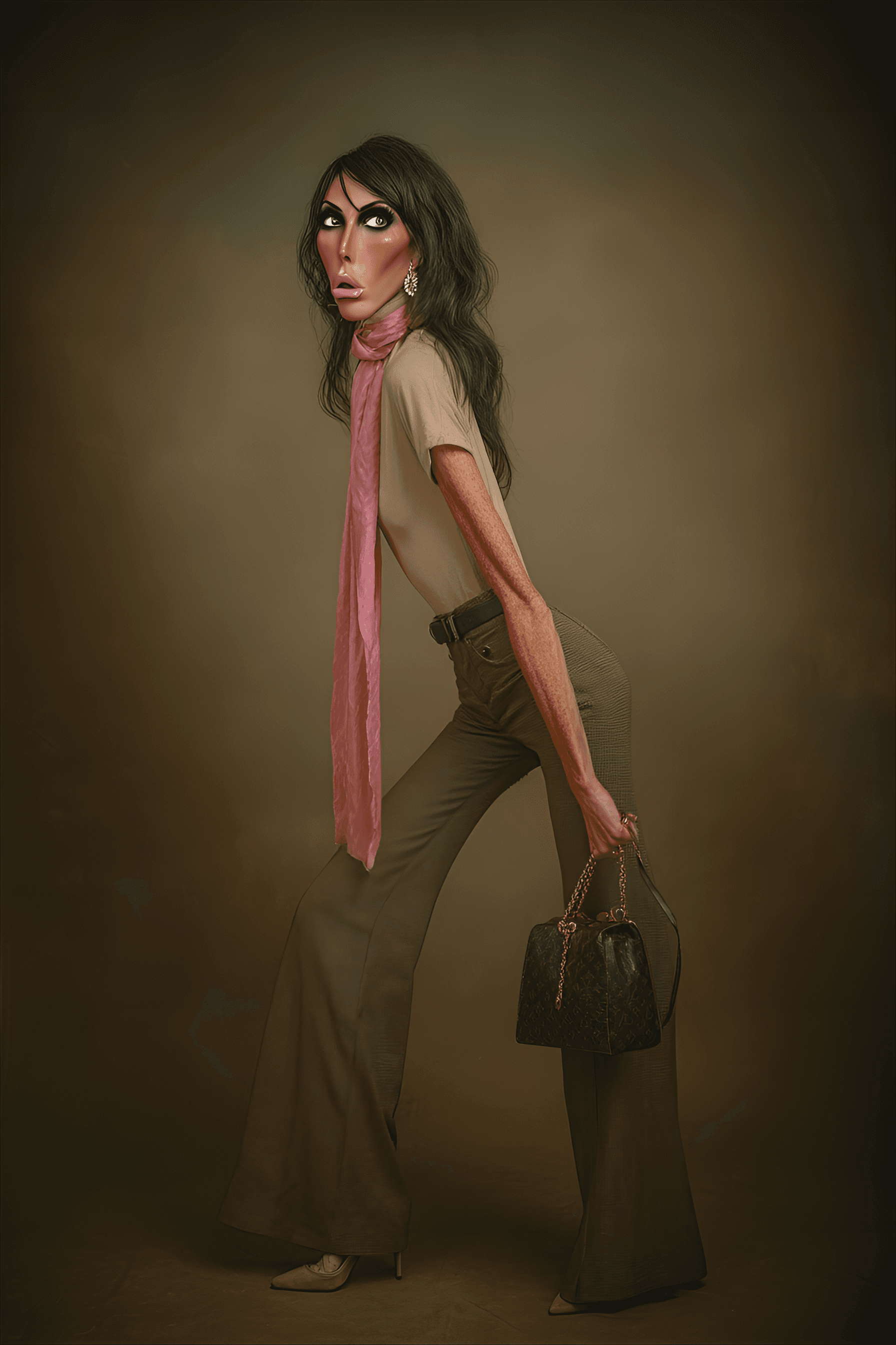 AI generated: funny caricature, eccentric fashion model, caucasian ethnicity, 23 years old, dramatic, flexible, un...