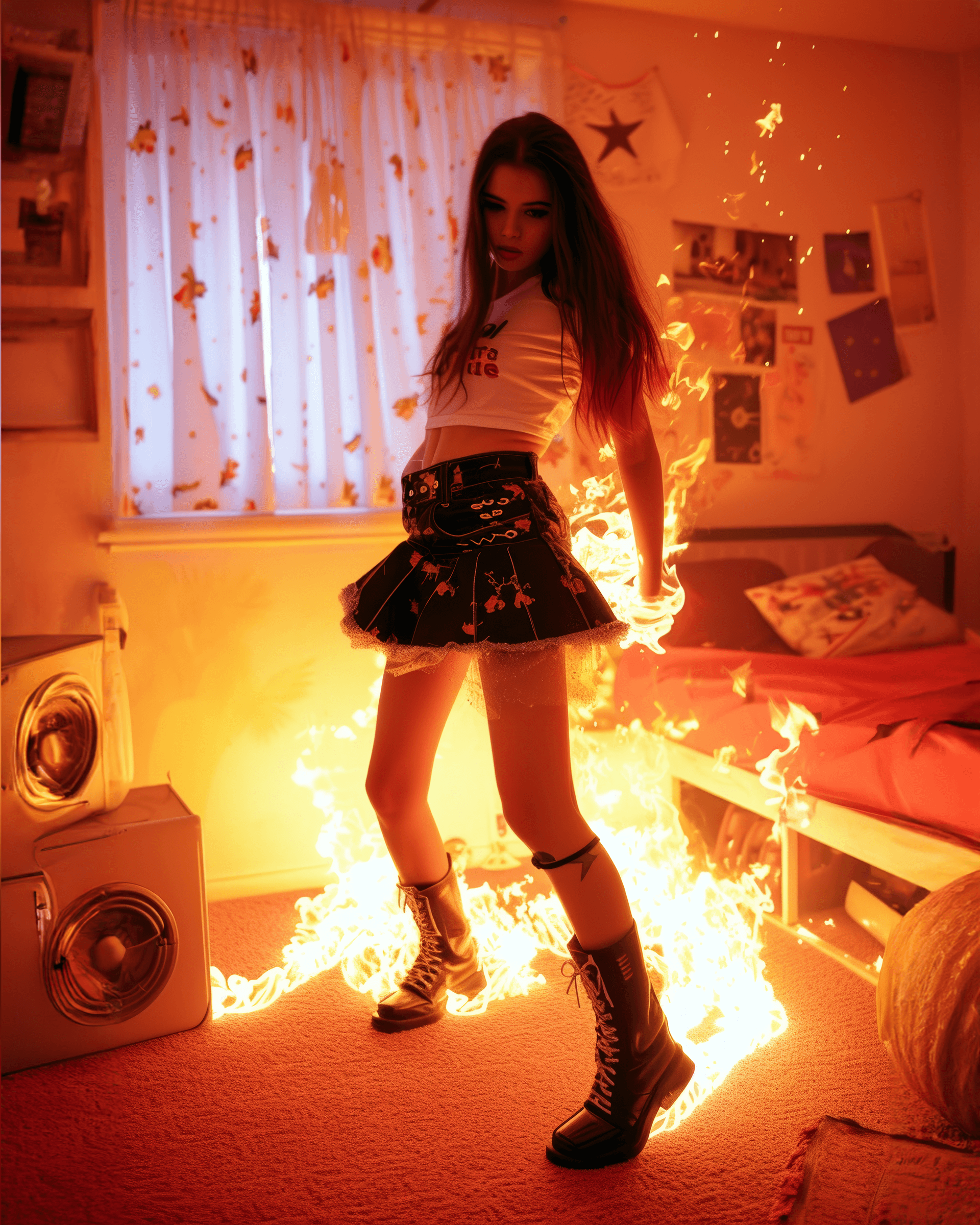 AI generated: girl in skirts on fire in a bedroom, in the style of whiplash curves, punk rock aesthetic --ar 55:83...