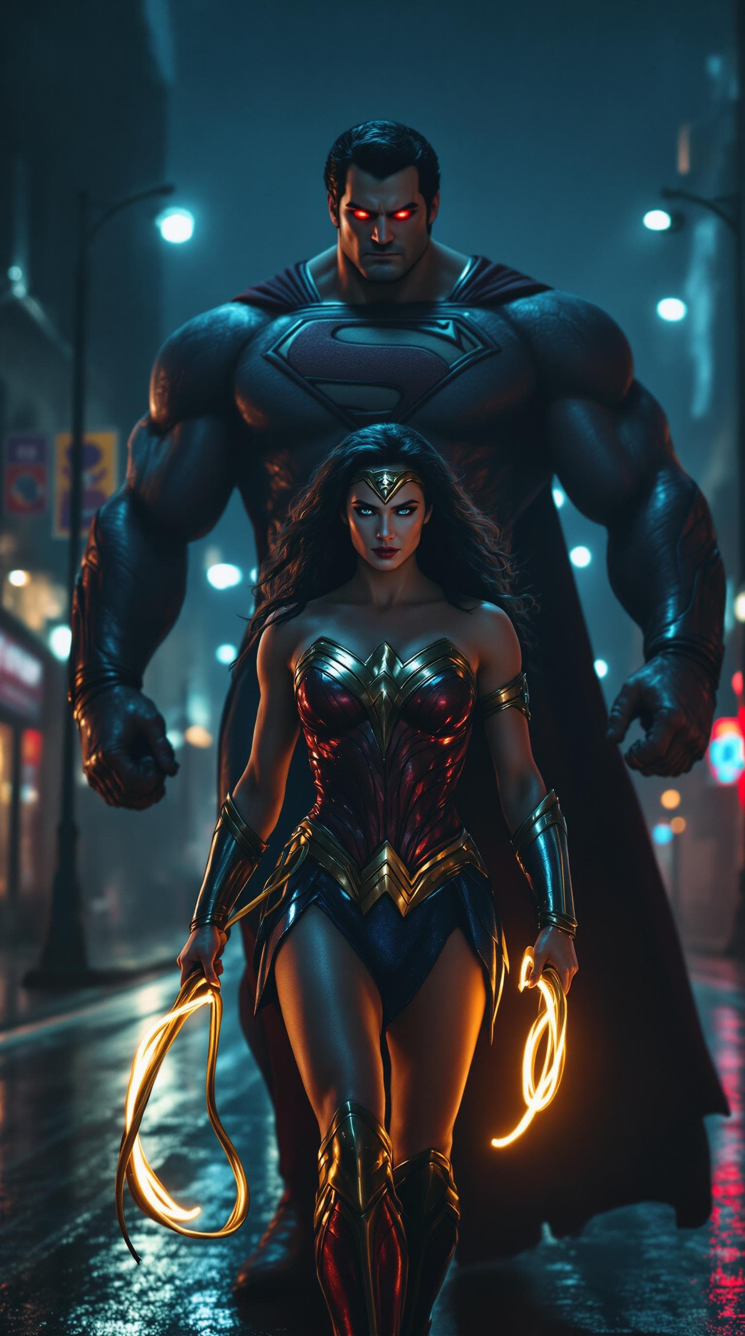 AI generated: A hyper-realistic, cinematic portrait set on a dramatic, urban street at night, featuring Wonder Wom...