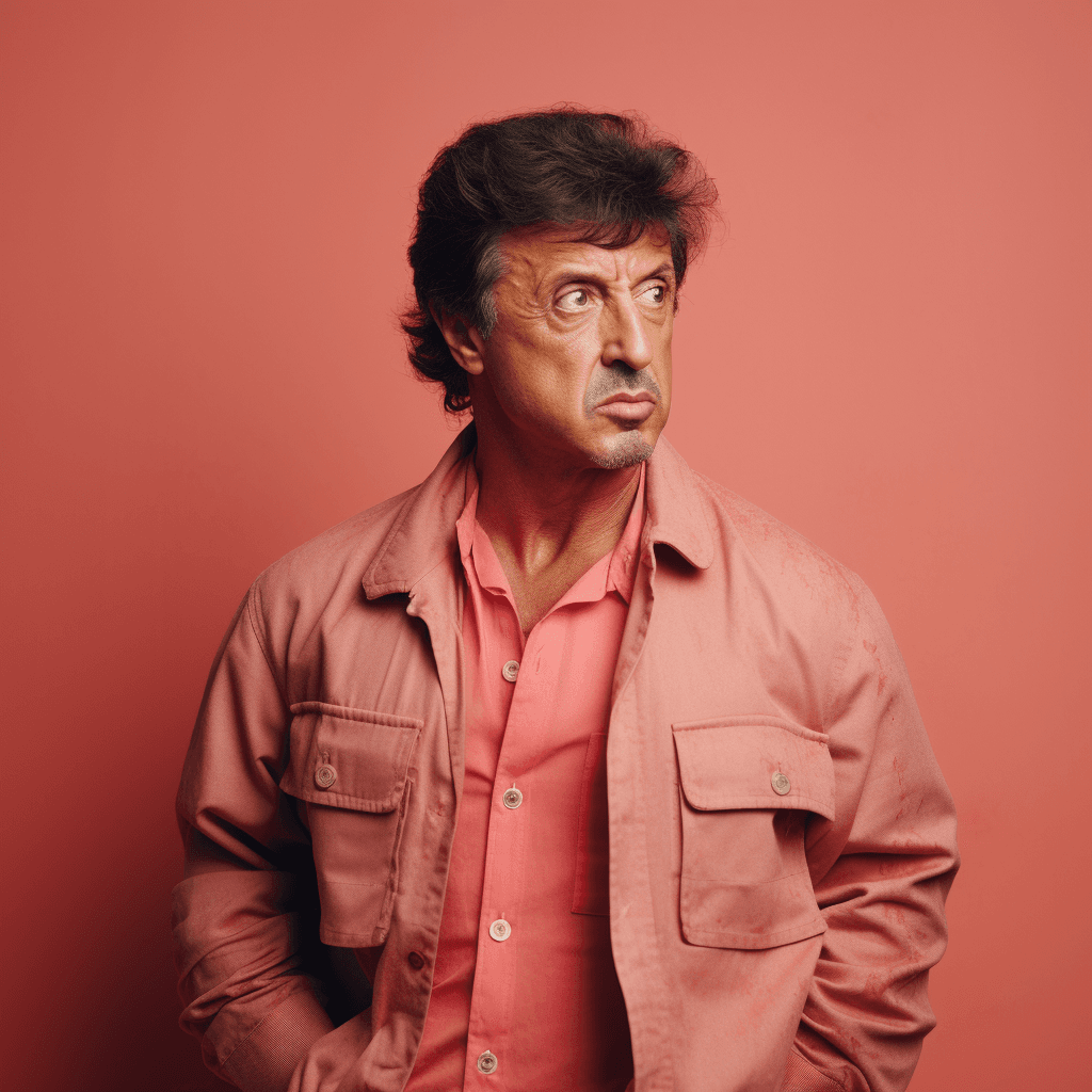 AI generated: Vogue style photo shoot of Sylvester Stallone as character RAMBO from the movie The Royal Tenenbaums...