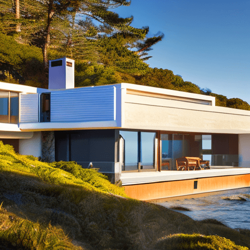 AI generated: Hyper realistic eye level exterior photo of a mid century modern style house overlooking the ocean, ...
