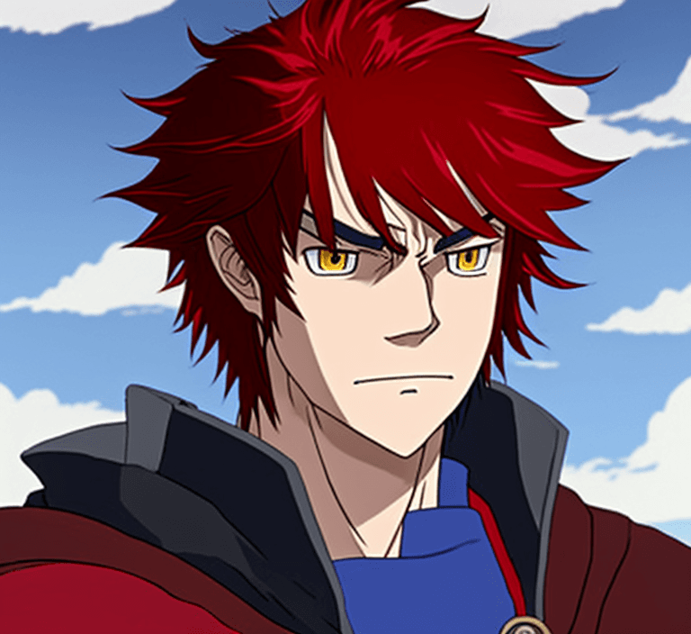 AI generated: stark is a young male mage and apprentice, stark in studio ghibli, he has dyed red hair and the root...