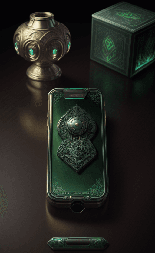 AI generated: handphone on the table with the design and character of thor The handphone is gold and green dark, n...