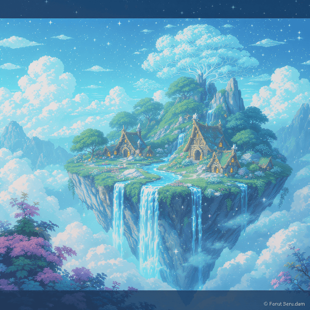 AI generated: 16-bit pixel art, a magical floating island above the clouds, lush vegetation, waterfalls spilling i...