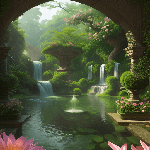 AI generated: Beautiful palace garden, flowers, exotic trees, cascading waterfall, ultra realistic, curve, cinemat...