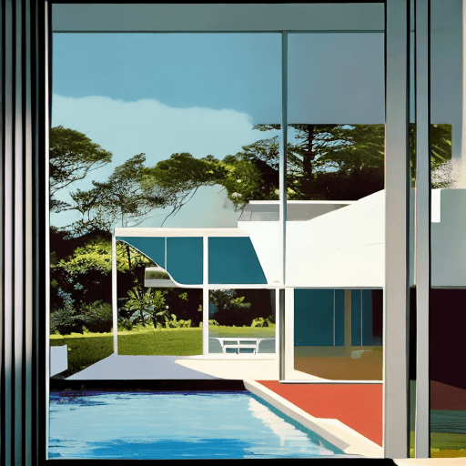 AI generated: Hyper realistic eye level exterior photo of a mid century modern style house overlooking the ocean, ...
