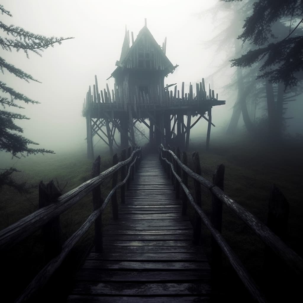 AI generated: Old wooden bridge with a dilapidated bridge tower on a thick foggy hill, eerie, creepy and scary sce...