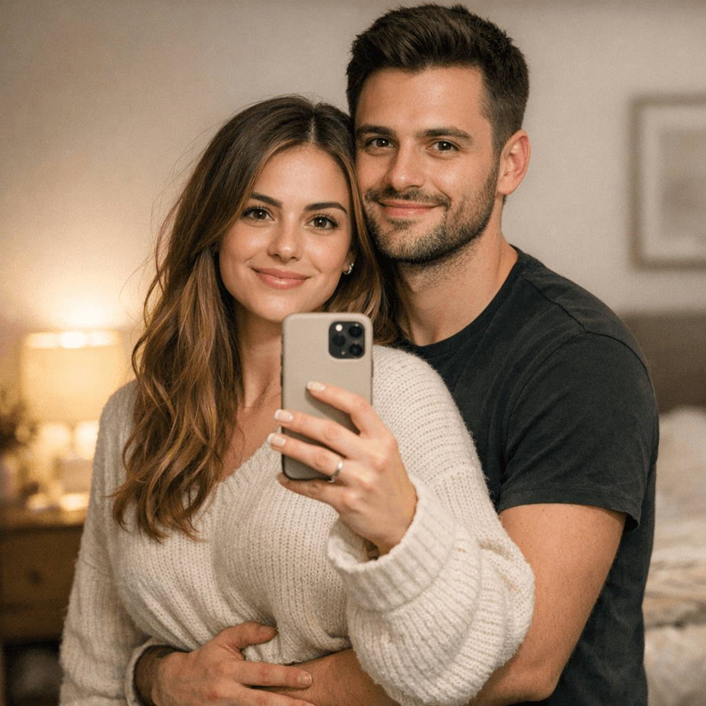 AI generated: A photorealistic mirror selfie of a couple in a softly lit modern bedroom; she holds the phone in fr...