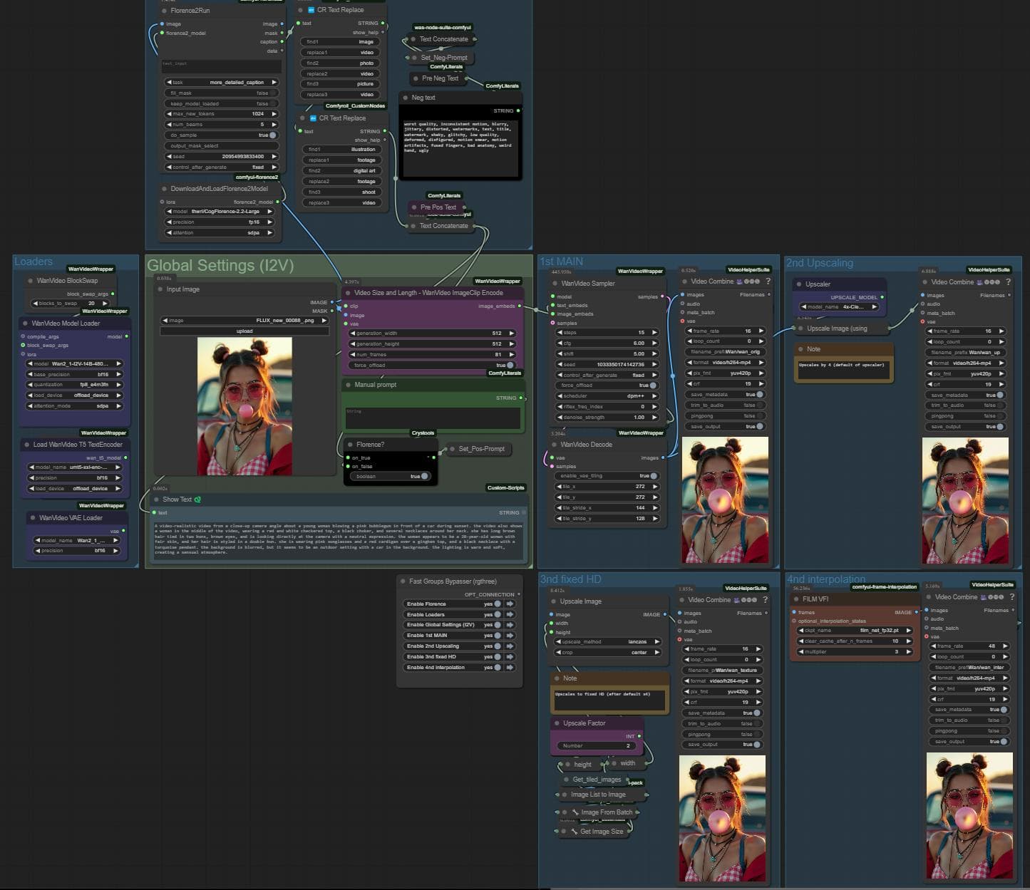 Wan Video Image To Video workflow + upscaler + interpolation + Florence2