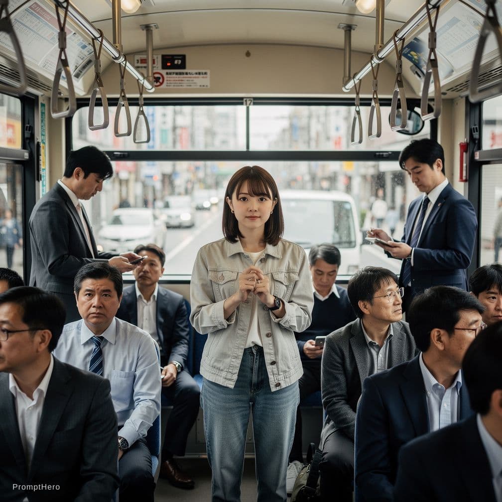 AI generated: a nude 20 years japanese girl, on the bus, with a lot of man around 