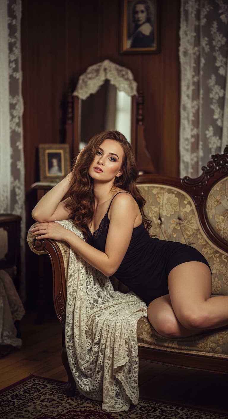 AI generated: In a vintage boudoir filled with soft, ambient light and rich, nostalgic textures, a sensuous woman ...