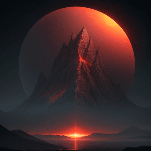 AI generated: illustration depicts an ancient mountain in an island emitting a large lasser light from the top to ...