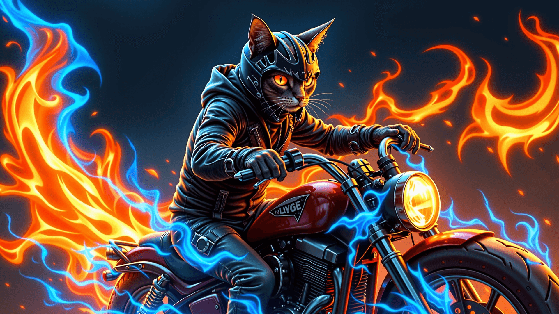 AI generated: A realistic anthropomorphic cat riding a motorcycle, with sleek fur and sharp features. The cat wear...