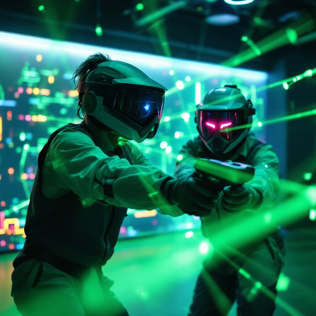 AI generated: happy corporate retreat playing laser tag, futuristic corporate retreat playing games, fujifilm