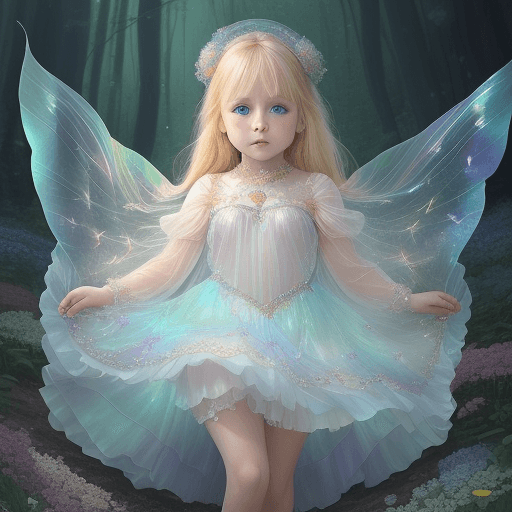 AI generated: a 4-year-old blonde girl with blue eyes and plumper cheeks, clothes are adorned with shimmering irid...