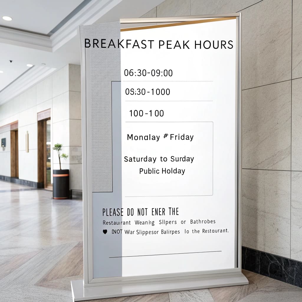 AI generated: A professional bilingual notice board in a hotel lobby, minimalist design, white background with lig...
