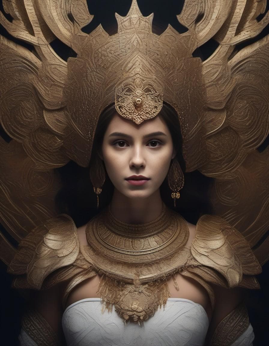 AI generated: ultra wide angle, dark epic background, gorgeous lifelike, golden design, woman tribal mask, cinemat...