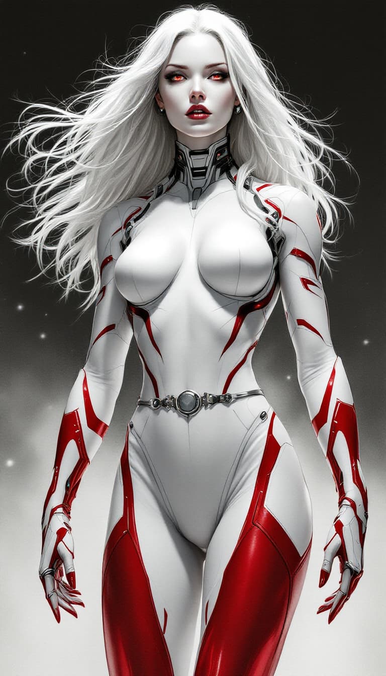 AI generated: A cybernetic female heroine with an alabaster white face, a striking fusion of Jean Grey, Emma Frost...