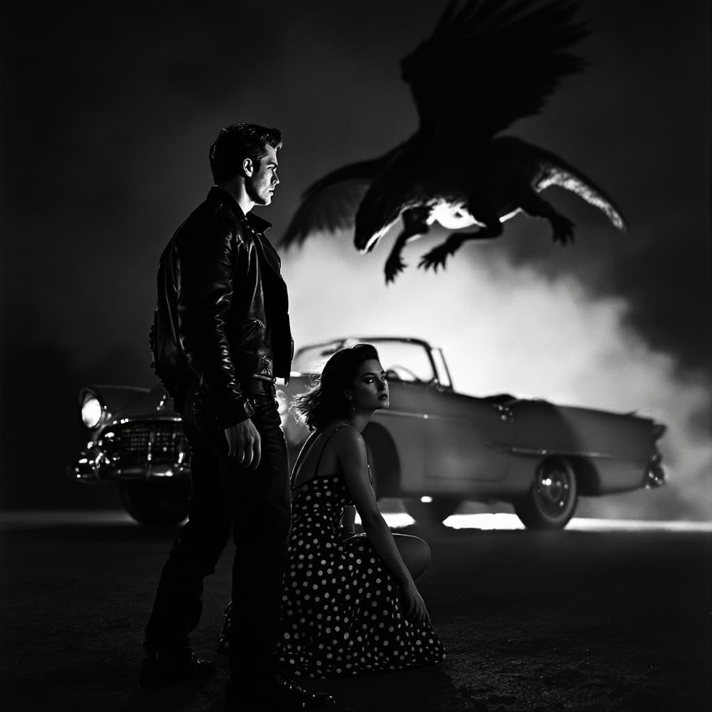 AI generated: "Depict a dramatic black-and-white 1950s action movie scene, photographed in the style of vintage fi...