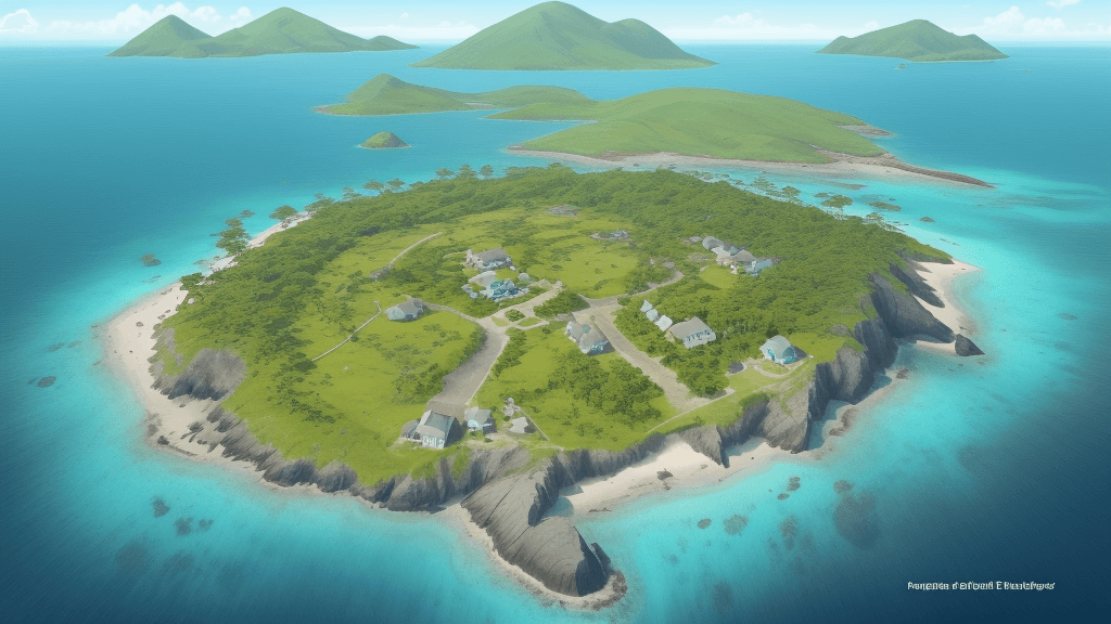 AI generated: bird's eye view high up looking down of a simple island. you can see the mainland in the background....