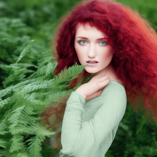 AI generated: red hair, purple eyes, curly hair, girl, european face, green dress