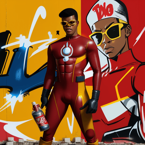 AI generated: BRUCE TIMM style drawing of JOHN BOYEGA IN A RED SPANDEX SUIT, WITH YELLOW GLOVES AND BOOTS , SUNGLA...