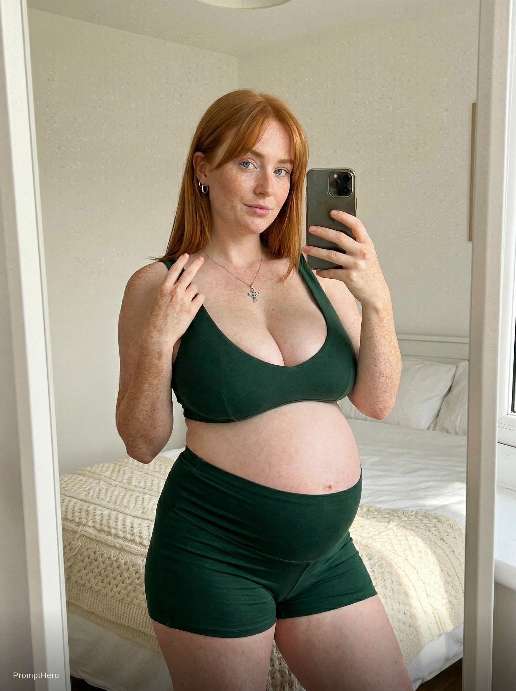 AI generated: 23-year-old Irish, 9 months pregnant with twins, huge rounded belly fully visible, woman resembling ...