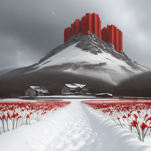 AI generated: Snow scenery, Snow road, blooming red lilies, two crumbled towers in the distance, grey clouds,
