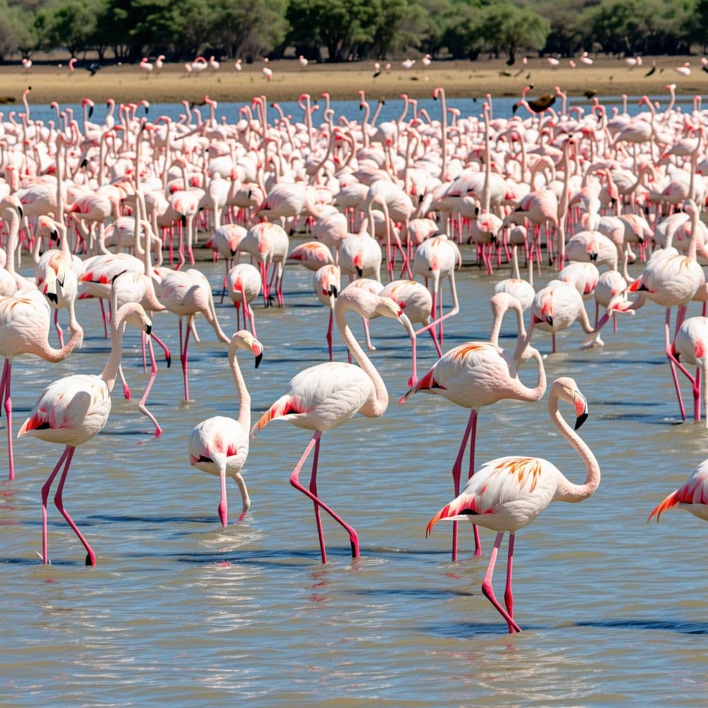 AI generated: Hundreds of pink flamingos in a river plain scene in Africa