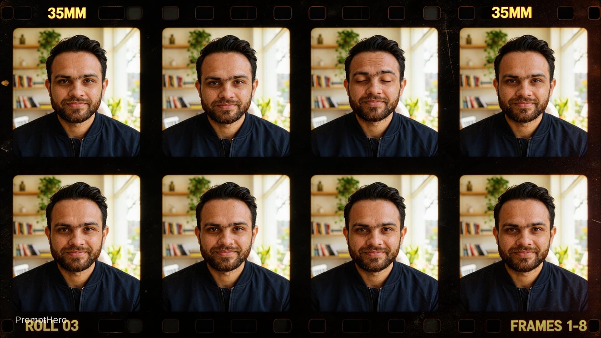 AI generated: Film Contact Sheet Grid NEW photo of the SAME person from the reference, eye-level camera, neutral f...