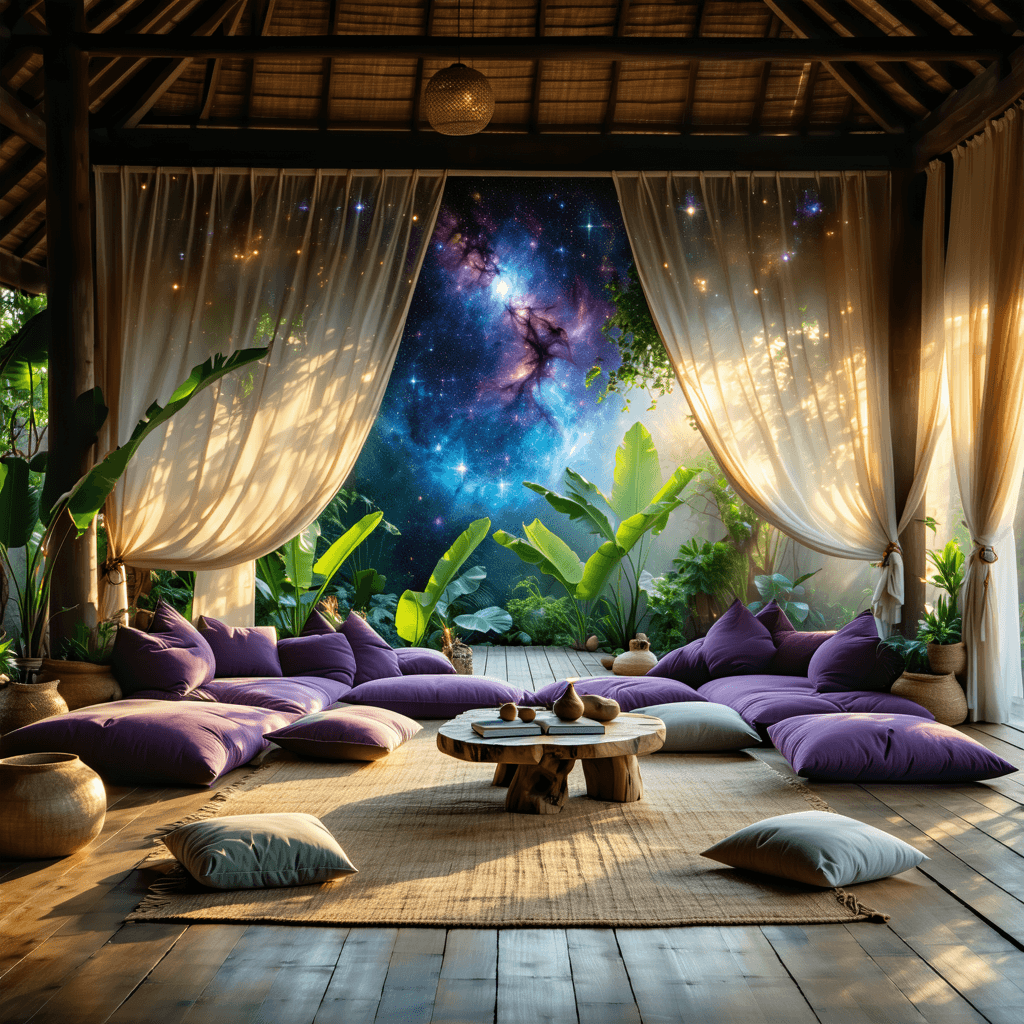 AI generated: Here is a high-end bohemian yoga retreat featuring your celestial and mystical artwork in a peaceful...