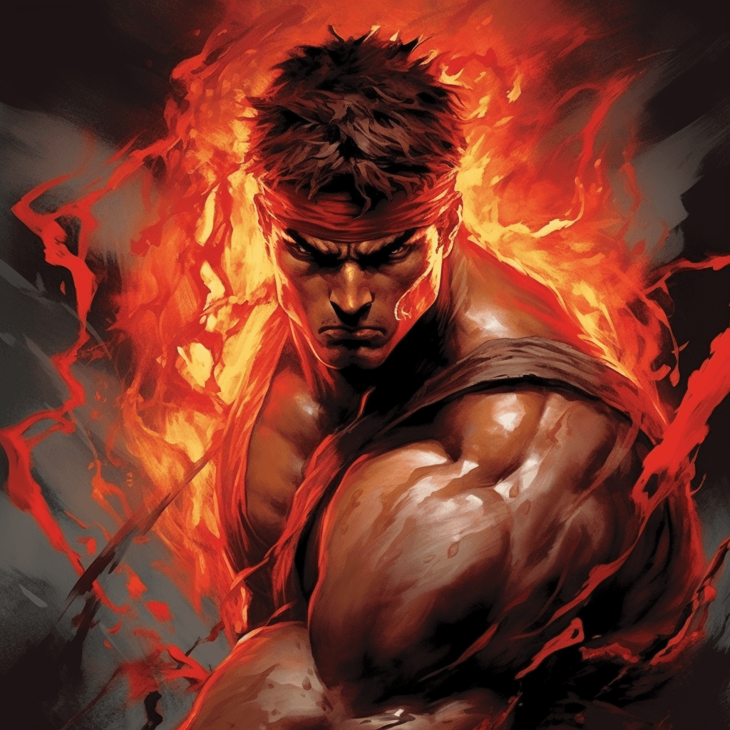 AI generated: **Jim Lee and Greg Rutkowski's art of Ryu from Street Fighter features anger, a highly detailed face...