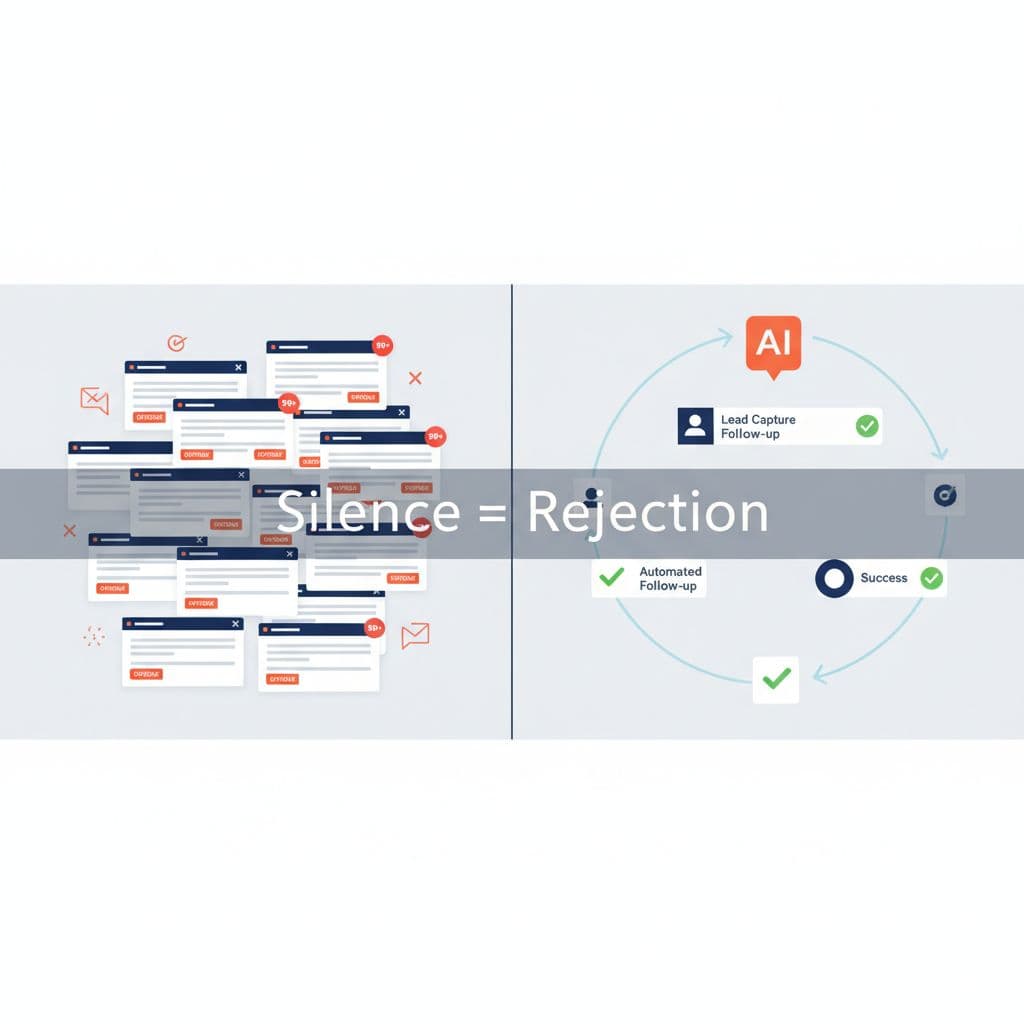 AI generated: Create a minimalist split-screen business illustration. Left side: cluttered email inbox with red no...