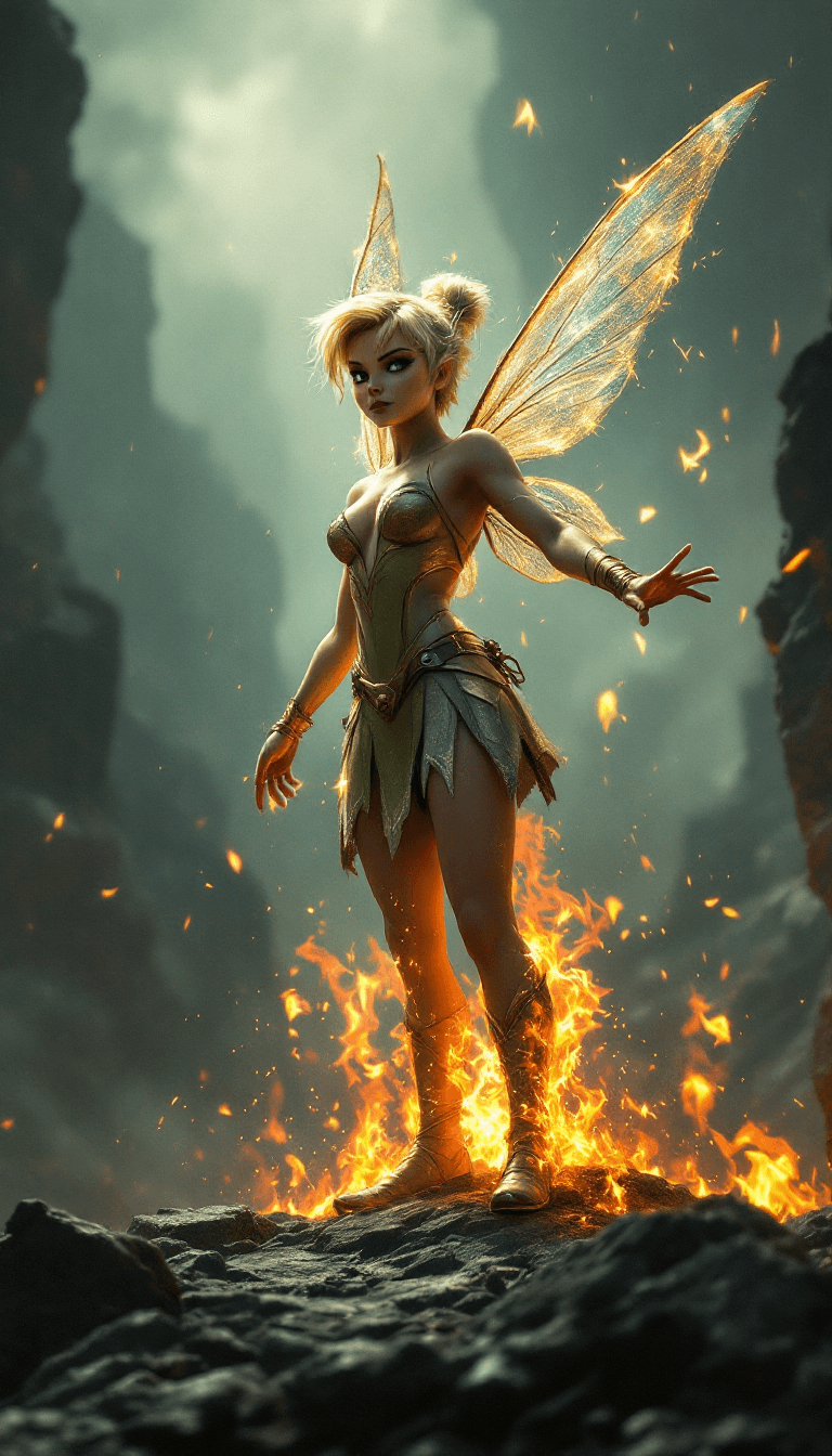 AI generated: Envision a fully body portrait of  tinker bell flying upward  as   super hero rising from the ashes,...