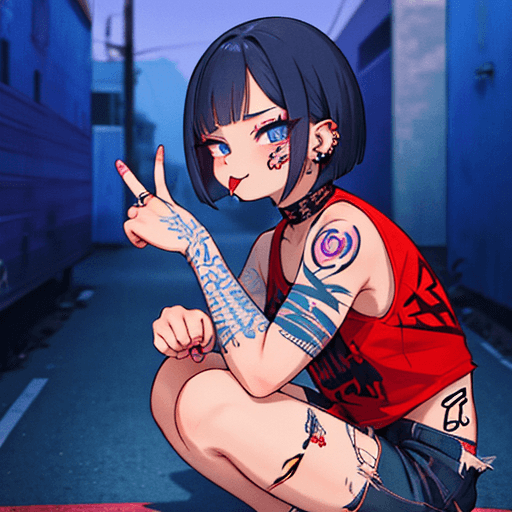 AI generated: delinquent street punk in emo style clothes holding up the middle finger, looking at viewer, 1boy, b...