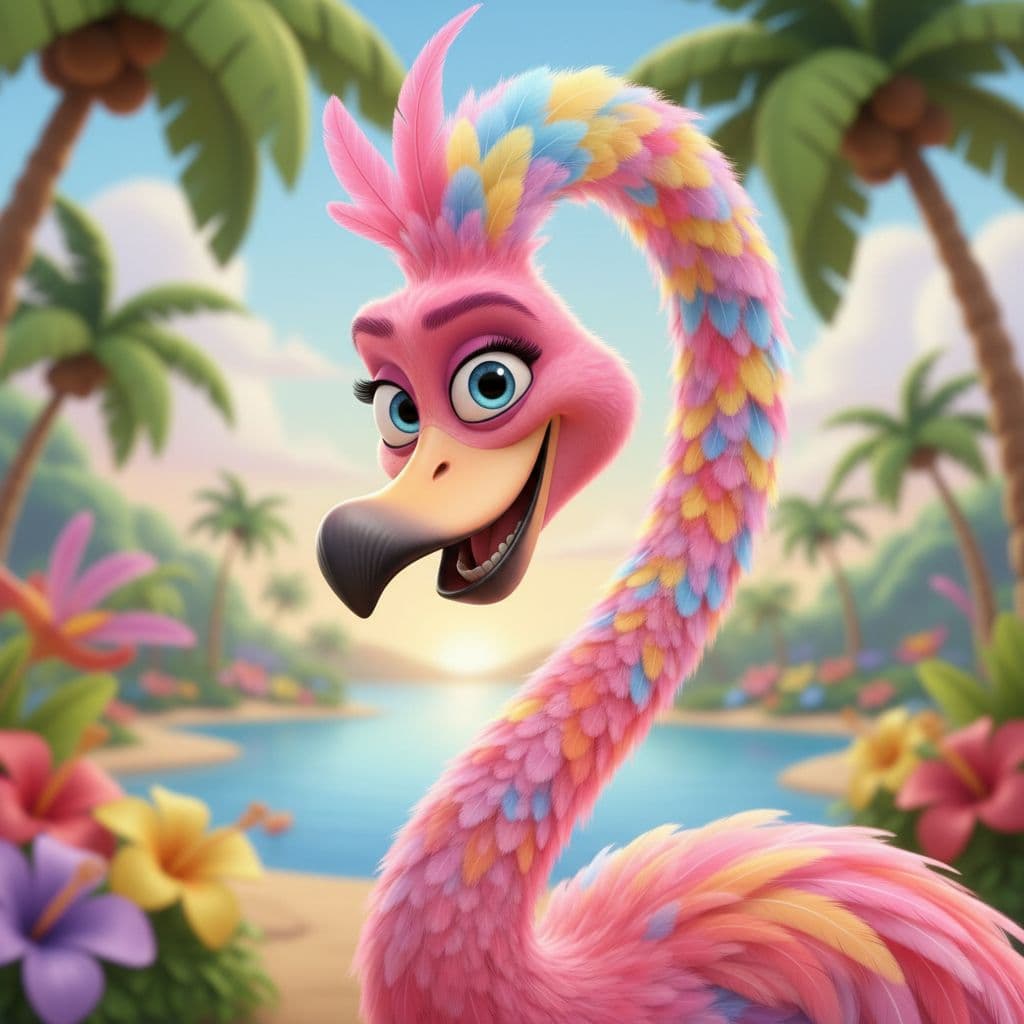 AI generated: Funny cartoon Flamingo with a very long neck, expressive big eyes, colorful feathers (pastel and bri...