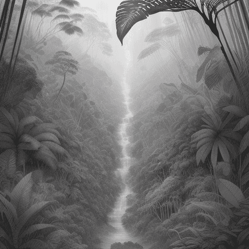 AI generated: Draw a lush rainforest about to jump off as an ink drawing, and create details with a 0.1 tech pen i...