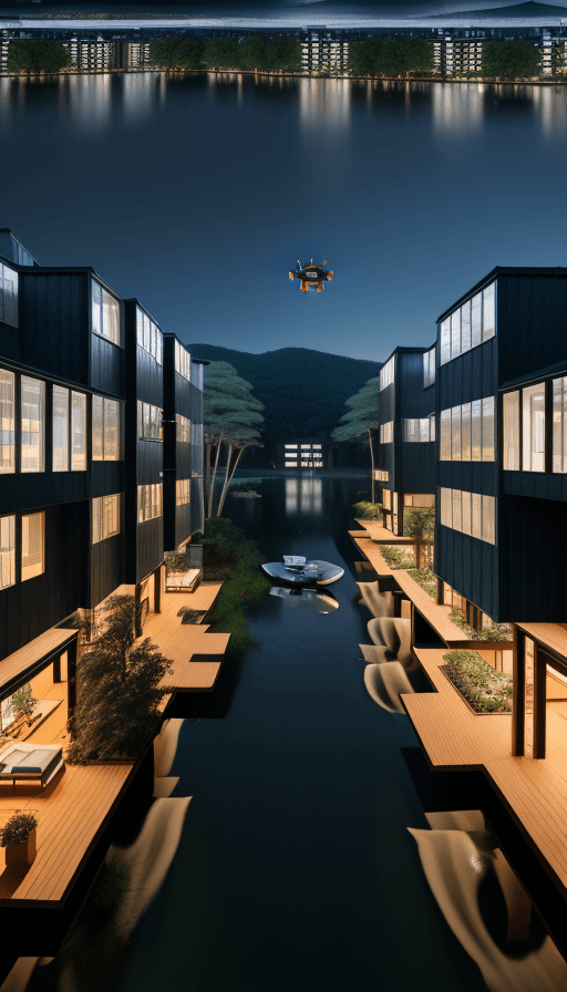 AI generated: modern ecotourism village with different residential buildings designed by architect Sou Fujimoto, s...