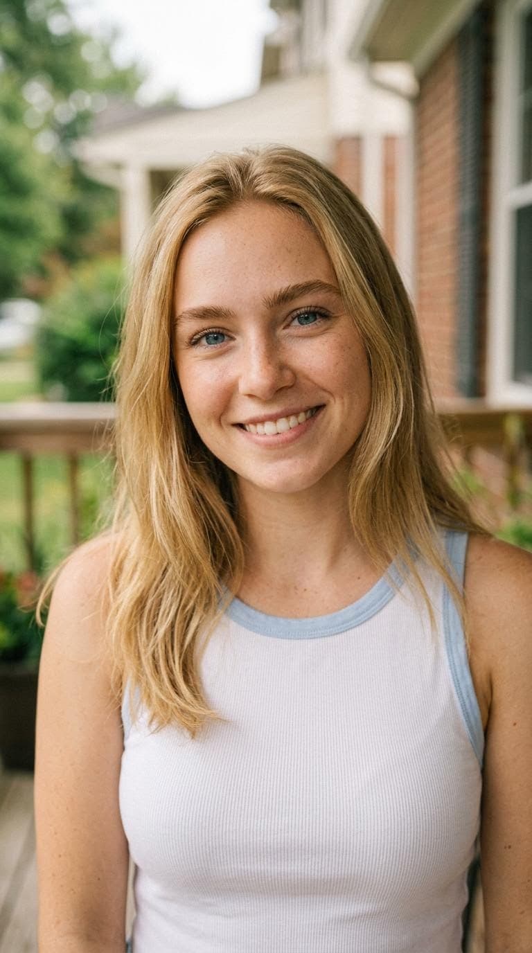 AI generated: all american girl next door blue eyes hair down light blonde hair tone not muscular matcing blonde e...